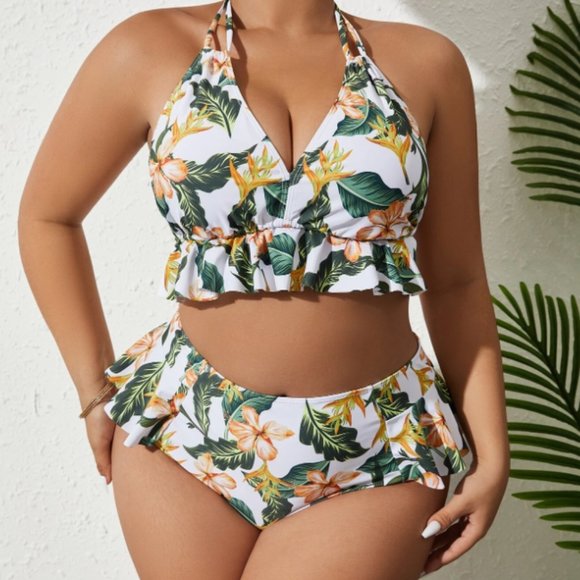 NWOT Plus Tropical Print Ruffle Hem Bikini Swimsuit - Picture 2 of 5